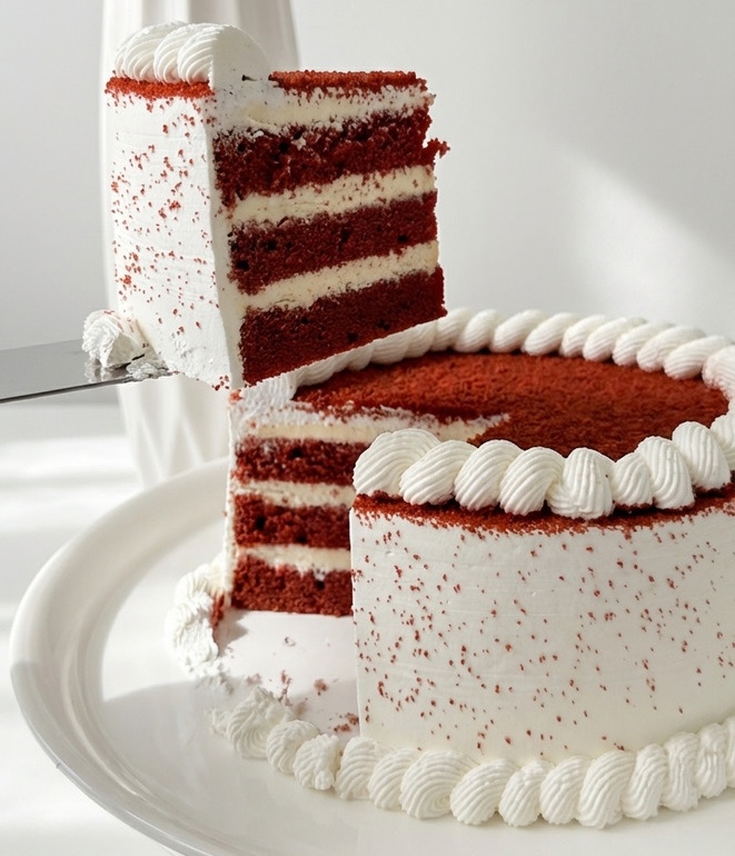 Fluffy red velvet cake with cream cheese frosting